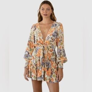 Kivari Aster Floral Orange Long Sleeve Mini Dress Sz. S